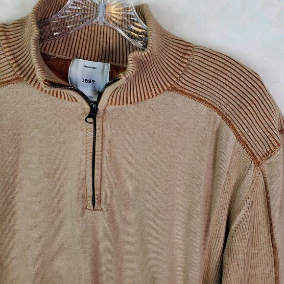 1897 Men’s Quarter Zip Sz XXL Tan Pullover Knit Sweater Long Sleeve Ribbed Top - Picture 2 of 8